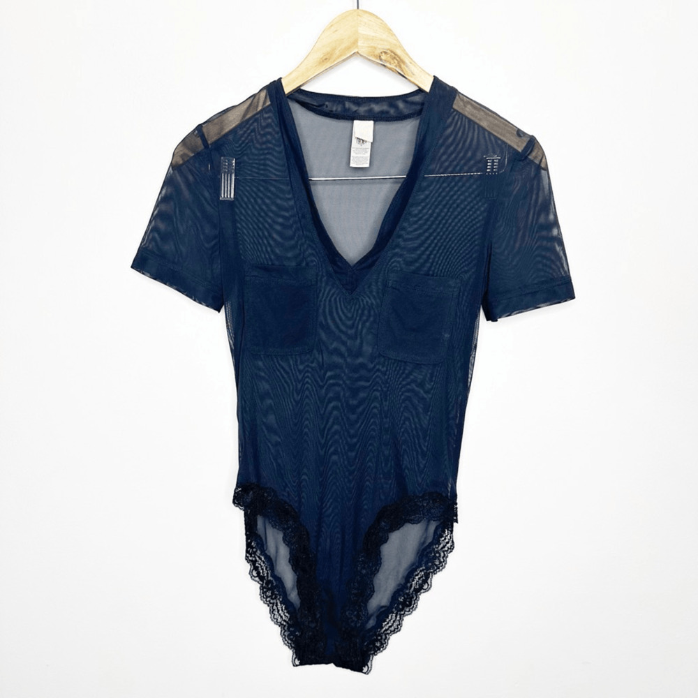 We are HAH Body Glove Bodysuit Noir BLACK short sleeve semi sheer mesh S SMALL - Picture 2 of 7